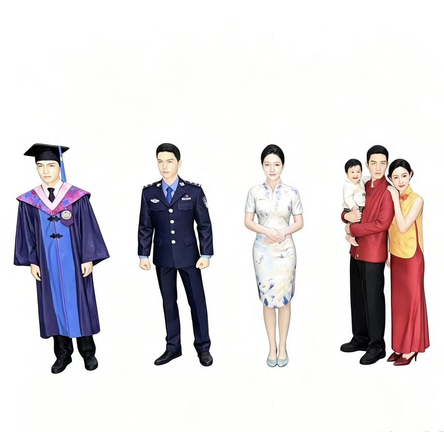 3D-printed figurines of a graduate, an officer, a woman in a qipao and a family of three
