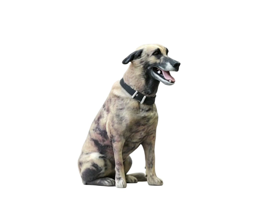 3D-printed figurine of a mottled dog wearing a black collar
