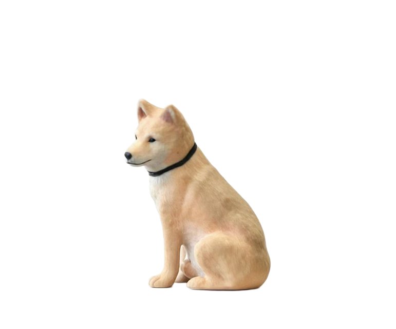 3D-printed figurine of a Shiba Inu dog wearing a black collar